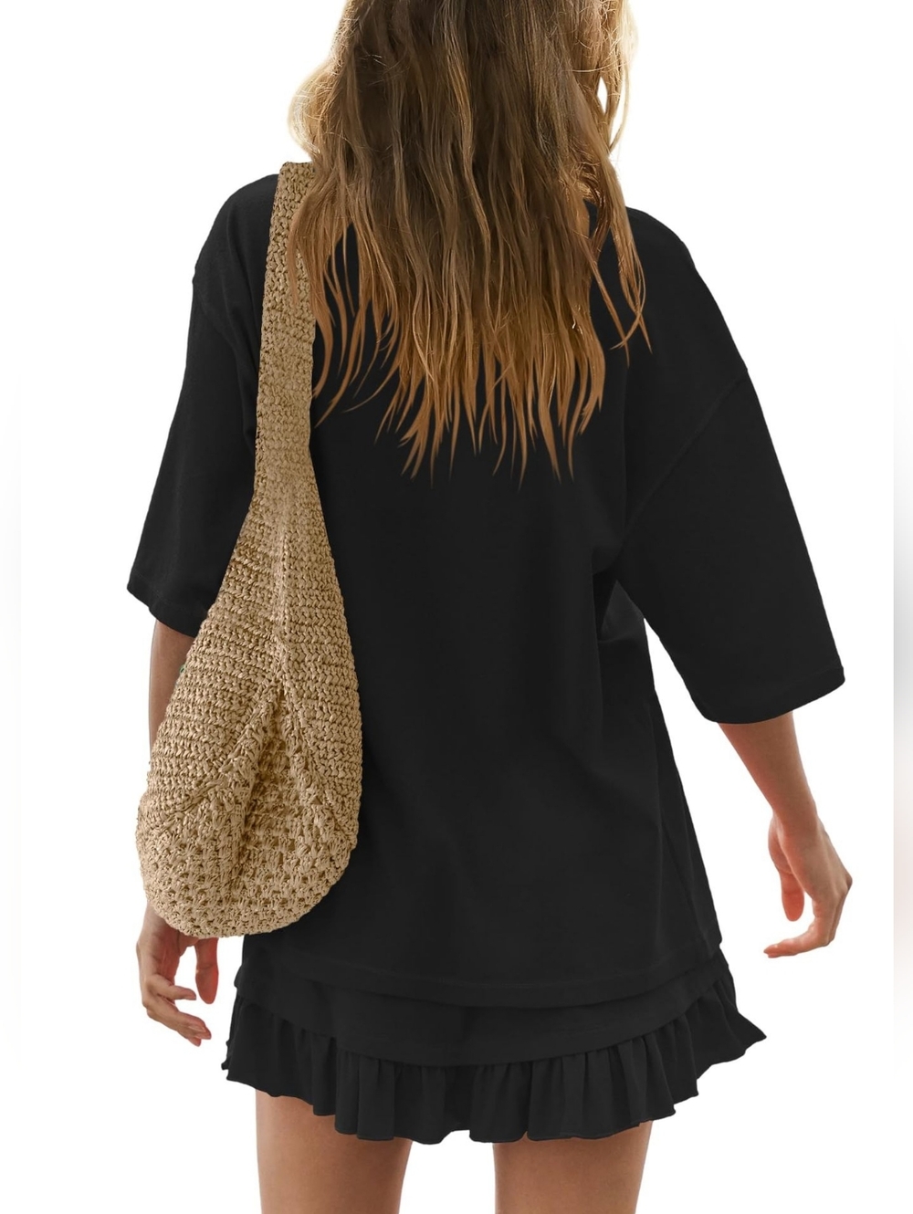 Casual Black Ruffle Hem Skirt And Two-Piece Top Set - Picture 2 of 6